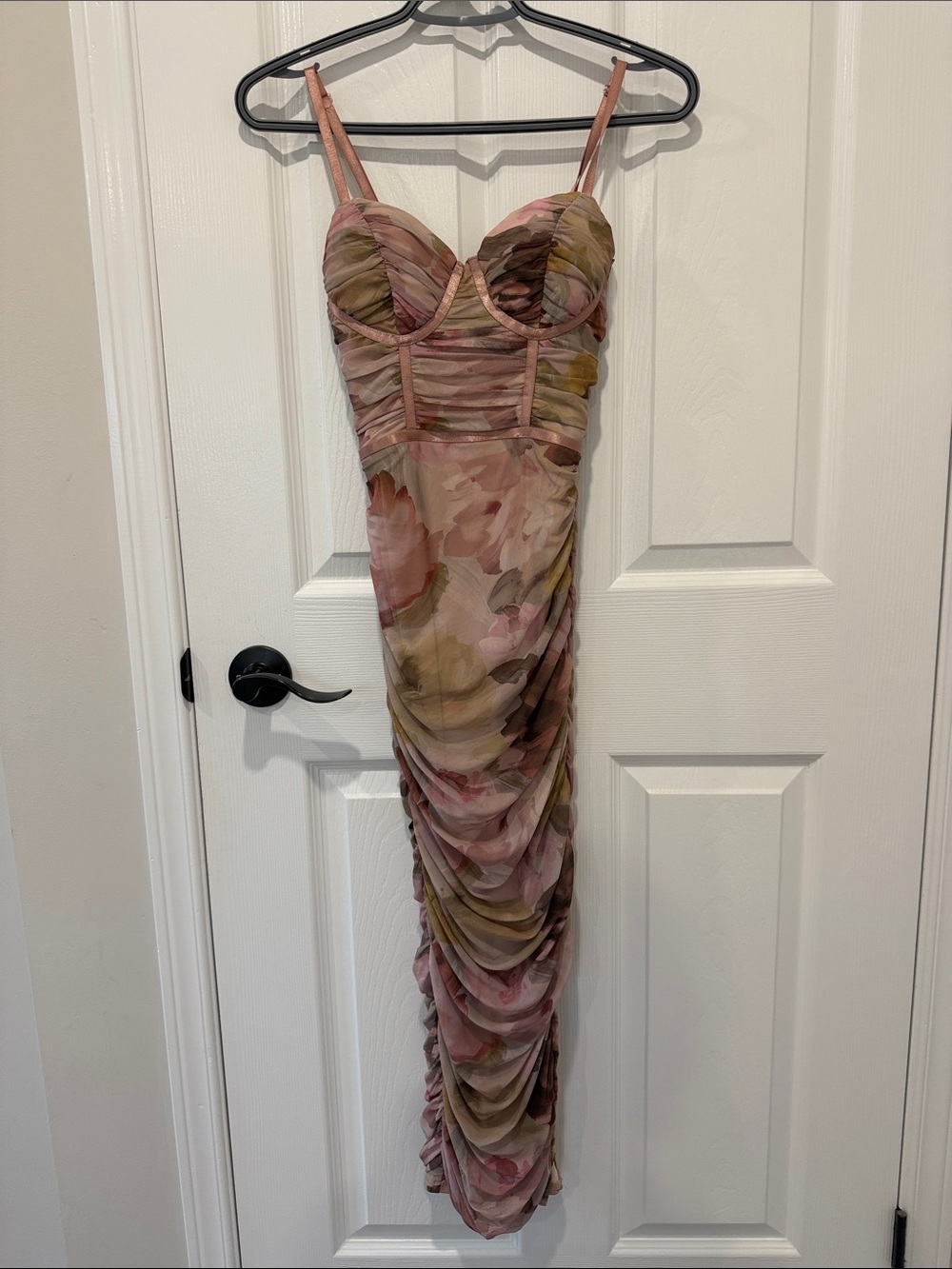 privy Ruched Floral Mesh Midi Dress